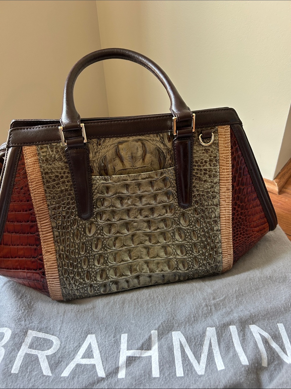 Brahmin Olive, Rust & Brown Croc-Embossed Satchel - Picture 4 of 11